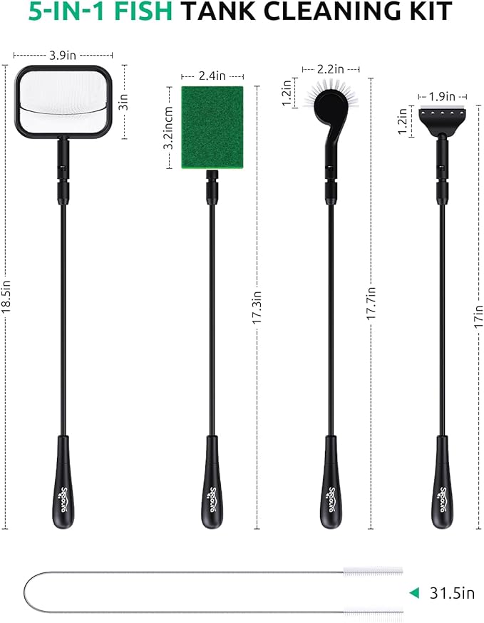 Aquarium Algae Scraper, Small Fish Tank Cleaner for Glass Algae Remover 5 in 1, Aquariums Cleaning kit with Seaweed Scraper, Flat Sponge, Fish Net, Clean Brush, Tube Brush for Freshwater, Nano Tanks