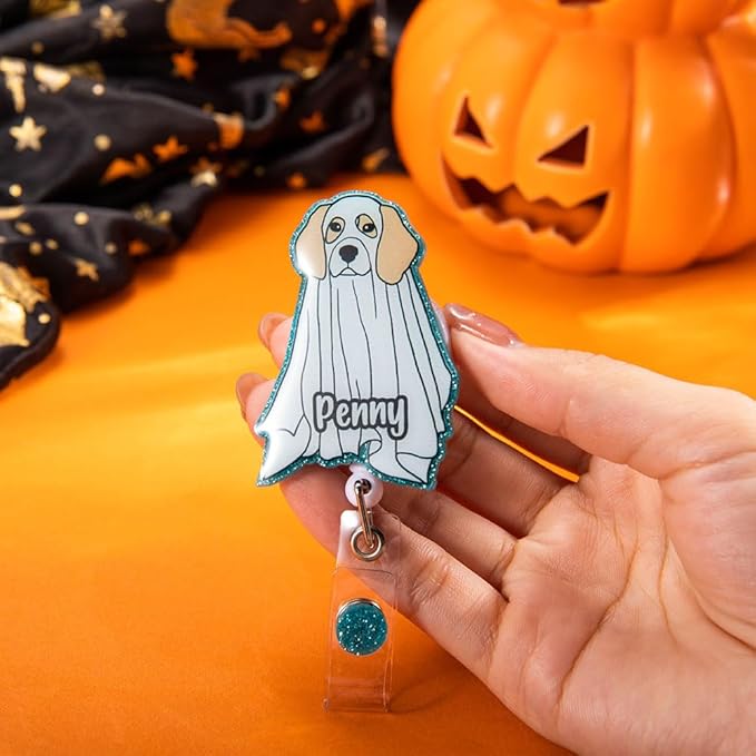 callie Personalized Halloween Ghost Badge Reel - Custom 1-3 Dogs and Names, Glitter Pumpkin ID Badge Holder Retractable, Holiday Gift for Dog Lover Nurse RN CNA Doctor