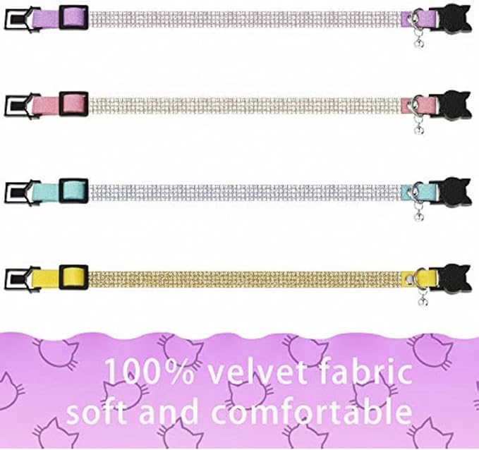 Weewooday 4 Pieces Rhinestones Cat Collars Breakaway Cat Collar with Bell Bling Pet Accessories with Soft Velvet, 4 Colors(XS,Purple, Blue, Gold, Pink)