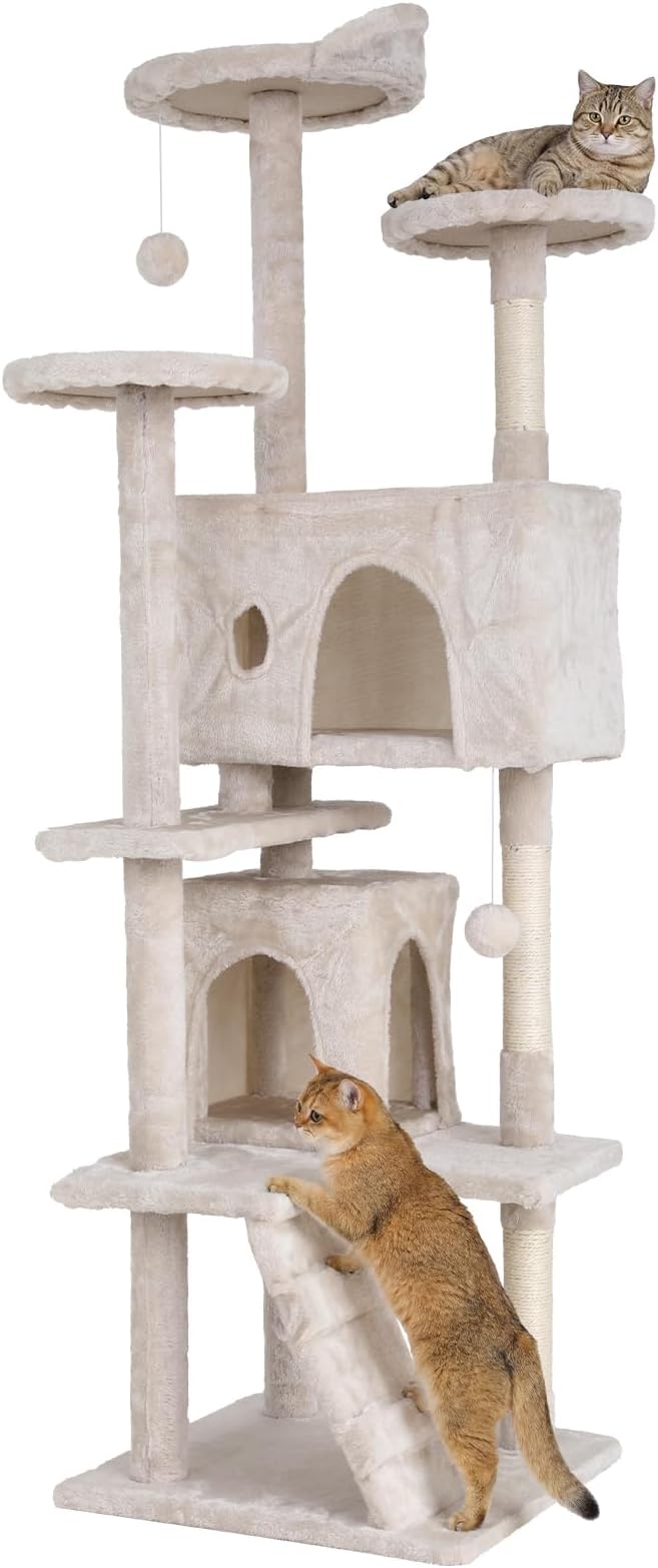 70in Cat Tree Cat Climbing Tower with Scratching Post, Cats House Perch Kitten Tree Condo Wood Playhouse, Pet Trees Tower for Indoor Cats, Beige