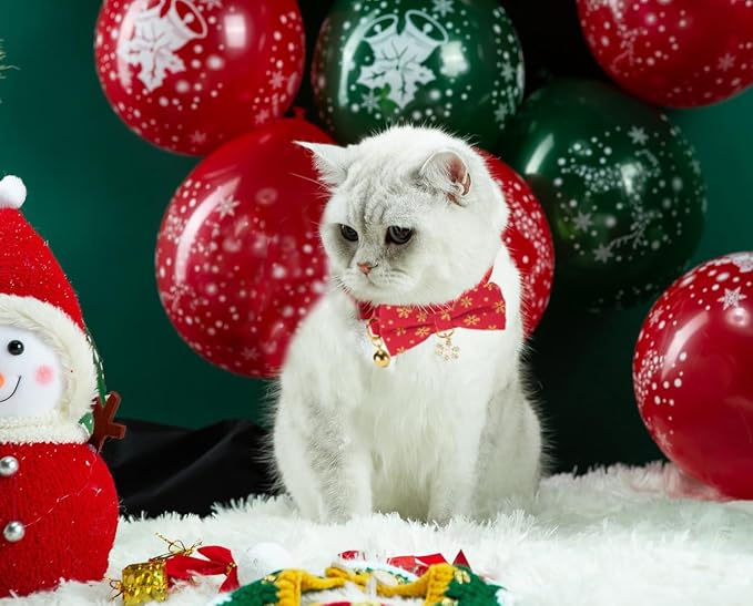 Christmas Cat Collar 2 Pack Cotton Bowtie Cat Collars Glittery Snowflakes Cute Kitten Collar(Red+Green)