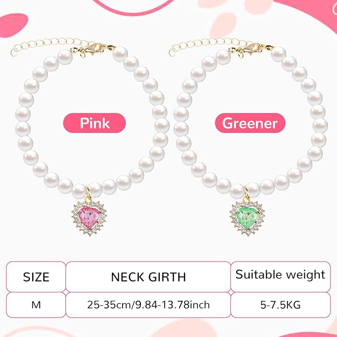 2PCS Kitten Collars Pearl Cat Dog Collar with Small Heart Shape Rhinestone, Cat Collars for Girl Cats, Adjustable Dog Pearl Necklace Collar for Small Dogs and Cats, Pink + Green