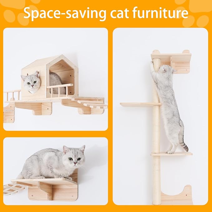 Cat Shelves for Wall – Cat Climbing Furniture Set for Large Cats with House, Bridge Ladder, 3 Scratching Posts & 5 Steps