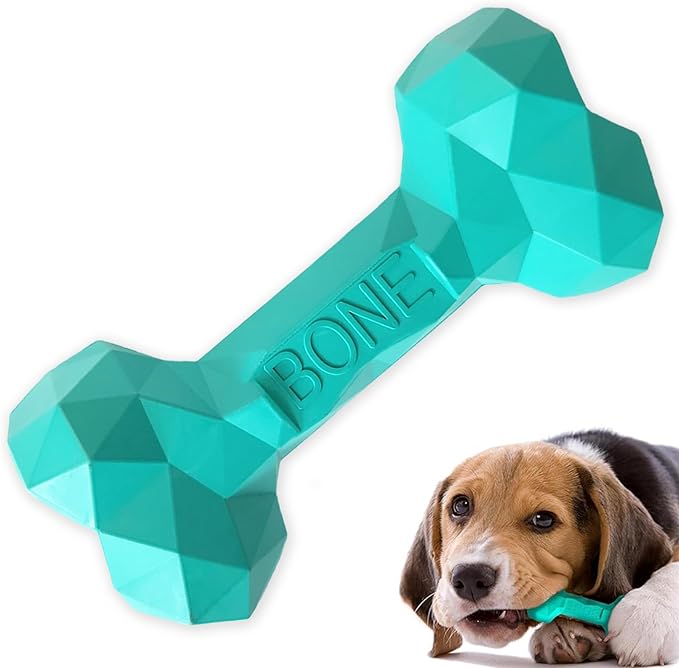 NOOVIA Durable Dog Chew Toy Rubber Bone 100% Natural Bite-Resistant Interactive Pet Toys for Dogs, Diamond Texture Modern Geometric Design (Lake Green, Small)