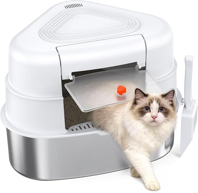 XL Stainless Steel Corner Cat Litter Box with Lid - Sturdy, No Odor & Space-Saving Hidden Design for Large Cats, White