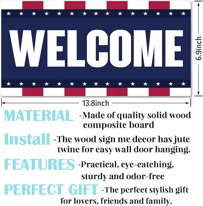 Welcome Sign for Front Door, Welcome Decor Wooden Hanging Sign, Patriotic American Theme Wall Hanging Decor, Funny Wooden Outdoor Front Door Decoration 13.8X6.9 inches
