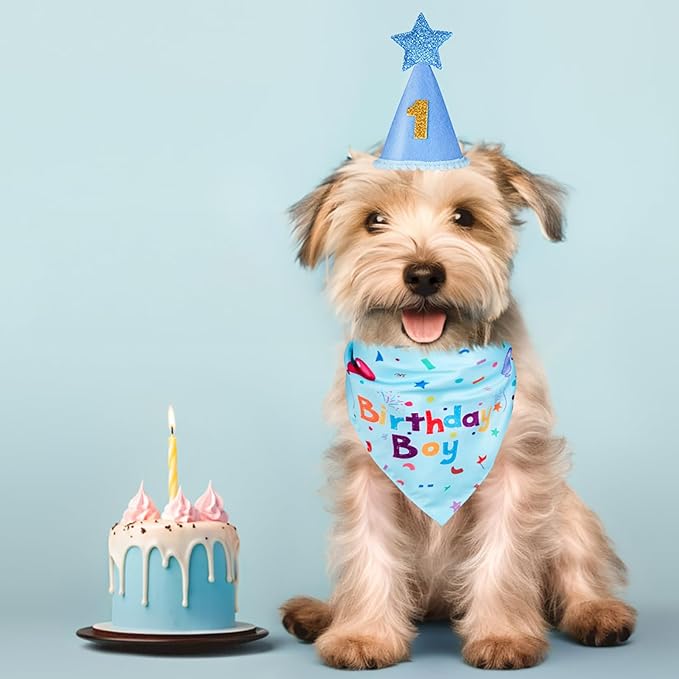 Dog Birthday Bandana Set, Dog Birthday Party Supplies, Puppy Boy Girl Birthday Party Hat with Numbers for X-Small, Small and Meidum Puppy (Blue)