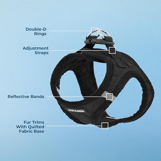 Best Pet Supplies - All Weather Plush, Reflective, No Pull Harness for Small, Medium Dogs, Cats - Secure with Hook & Loop Fastener, Buckle, Double D-Rings - Black Plush, L