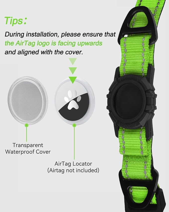 Joytale Airtag Dog Collar, Reflective Pet Collar with Waterproof AirTag Holder, Dual D-Rings, Soft Padded Adjustable for Large Dogs, Green, L
