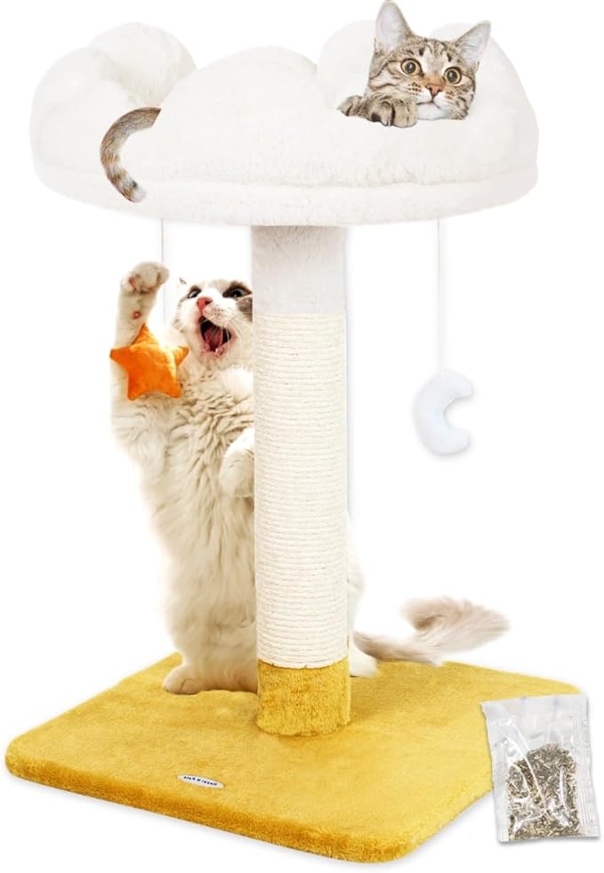 Happi N Pets 28" Tall Cat Scratching Post with Bed, Small Cat Tree for Indoor Cats, Thick Cat Scratch Post with Cloud-Shaped Soft Perch & Cute Toys, Stable Cat Stand, Removeable Cover, Bounus Catnip