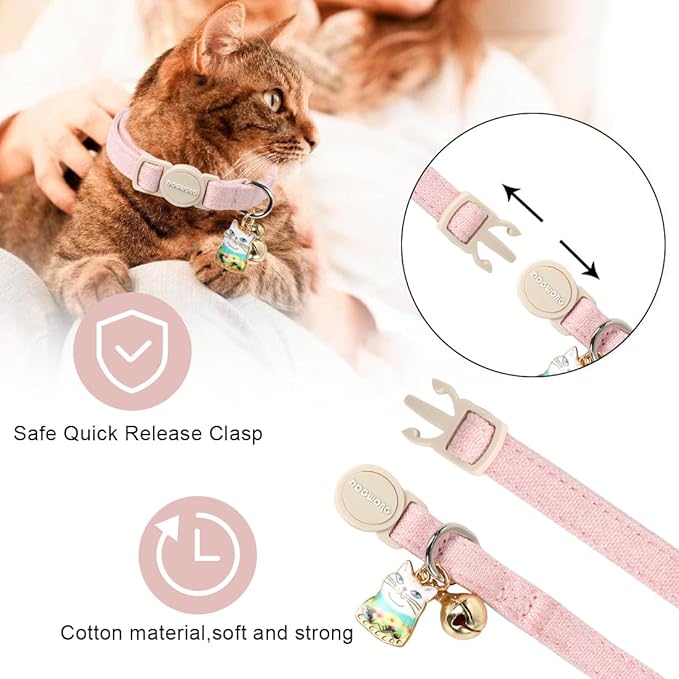 Cat Collar,2 Pack Pink Cat Collars Breakaway with Bell, DOGWONG Safety Buckle Cat Collar for Girl Boy Cats and Small Dogs，Adjustable 7-12 Inch,Pet Supplies Accessories
