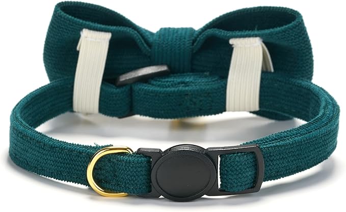 Soft Corduroy Cat Collar with Bell and Bowtie, Safety Breakaway Clasp, Adjustable for Kitten and Cats Green Color.