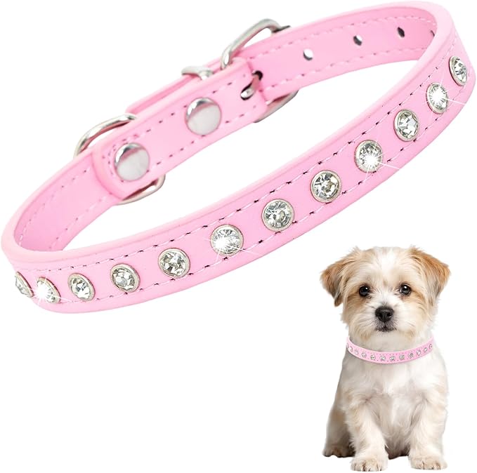 Small Dog Collars Bling Puppy Collars Diamond Pet Collars PU Leather Sparkly Rhinestone Glitter Adjustable Jewelry Neck Collars for Small Pet (Pink, S)