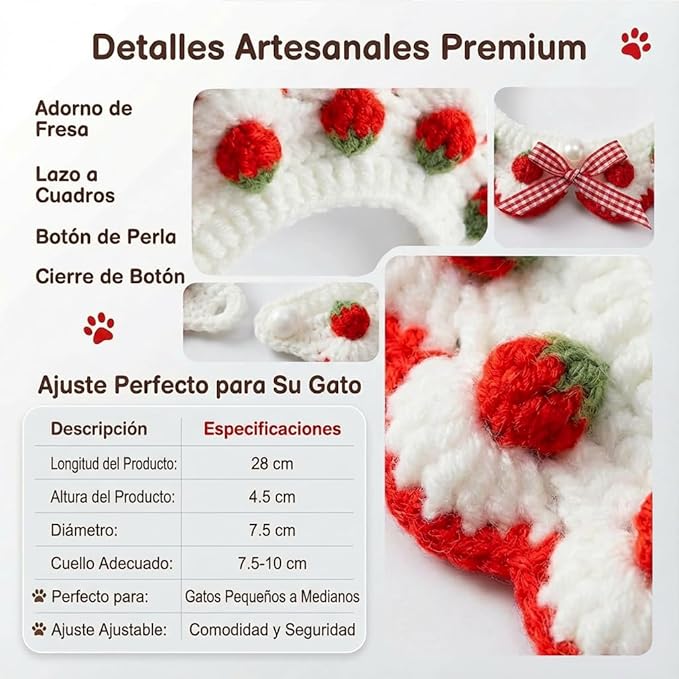 Cat Collar Breakaway, Kitten Collar with Cute Bow Tie Strawberry Pattern Comfortable for Kitty and Small Puppies, Bandana Fits Neck 2-3 Inches (White)