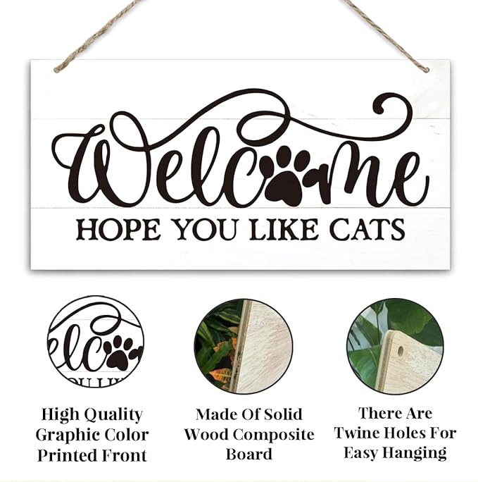 Welcome Sign for Front Door, Welcome Decor Wooden Hanging Sign for Cats Lover, Hope You Like Cat, Rustic Funny Wooden Outdoor Front Door Hanging Decoration 13.8X6.9 inches
