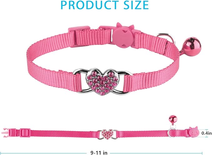 2 Pcs Cat Collars Heart Bling Breakaway with Bell Nylon Adjustable for Kitty(Black+Pink)