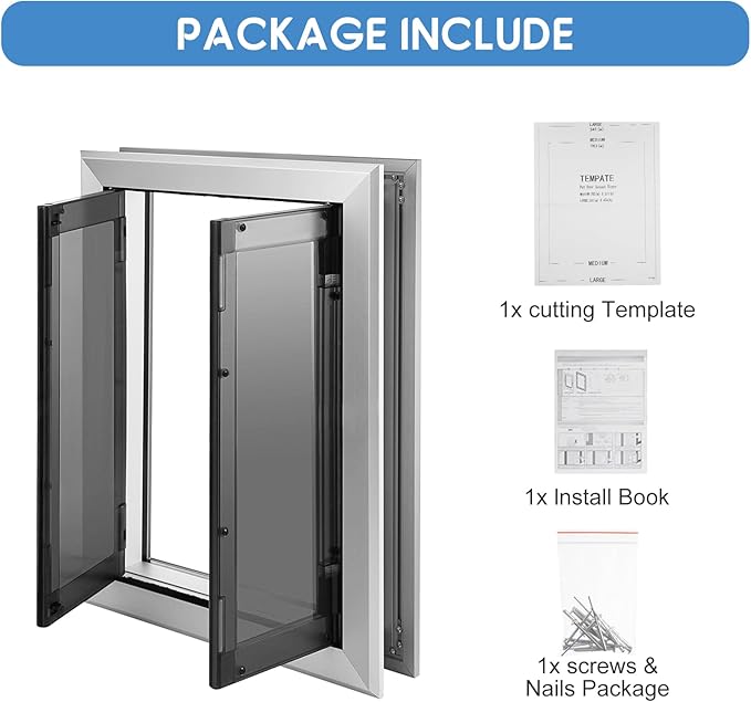 Large Dog Door, Weatherproof Aluminum Dog Door with Automatic Closing Double Panels Easy to Install Pet Door for Large Dogs and Cats, Closing Panel Included