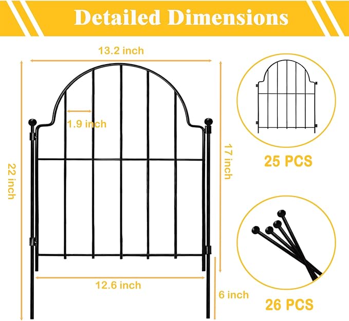 Garden Fence, 17in(H) x 27.5 ft(L) Arched Rustproof Metal No Dig Fence Garden Fence Border,Ground Stake Animal Barrier Fence for Rabbit Dog, Outdoor Landscape Decor for Yard & Patio,25 Pack