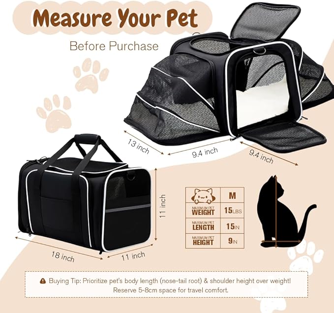 Double Expandable Cat Carrier,Airline Approved Soft-Sided Pet Travel Carrier for Small Dogs Cats Under 15 lbs,Waterproof 600D Oxford Fabric with Washable Replacement Liner,Odor-Free & Claw-Proof Black