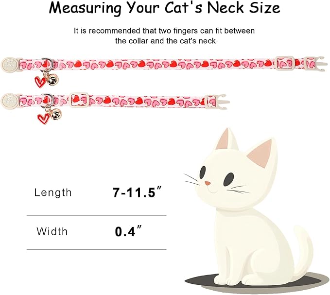 2 Pack Valentines Cat Collars - Valentine Breakaway Cat Collar with Bell, Pink and Red Heart Pendant, Adjustable Kitten Collars for Girl Boy Cats, Sweet Hearts