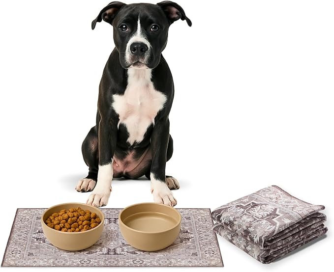 LOVEWAG Waterproof 2-Pack Pet Feeding Mats - 16" x 24" Premium Cat & Dog Food Mat - Non-Slip, Machine Washable Food Mat Protects Floors & Contains Water Bowl Spills - Pet Place Mats (Caramel Crème)