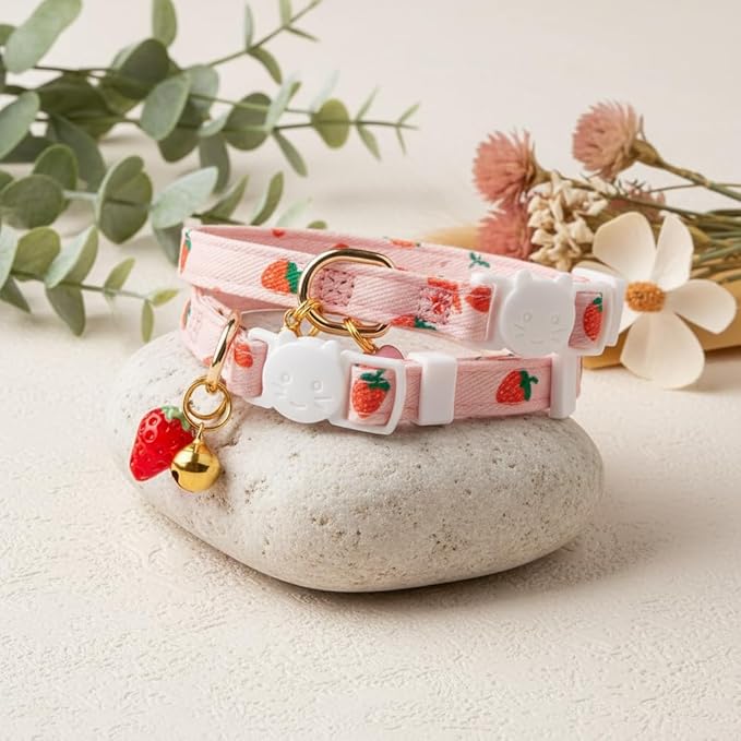 2-Pack Cotton Breakaway Cat Collar with Bell - Pink Strawberries & White Heart Pendant, Adjustable Soft Kitten Collar for Safety and Comfort