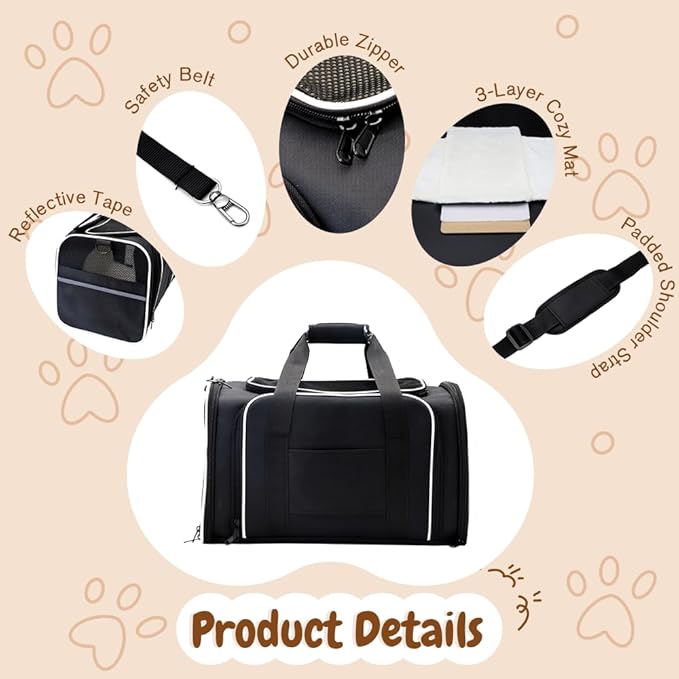 Double Expandable Cat Carrier,Airline Approved Soft-Sided Pet Travel Carrier for Small Dogs Cats Under 15 lbs,Waterproof 600D Oxford Fabric with Washable Replacement Liner,Odor-Free & Claw-Proof Black