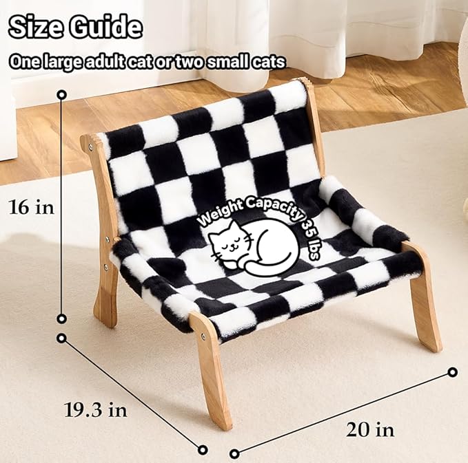 Solid Wood Cat Couch Bed for Indoor Cats, Modern Cat Sofa with Ultra-Soft Plush Surface Washable, Reclined Backrest, Elevated Plush Cat Lounge for Small to Adult Cats, Black & White