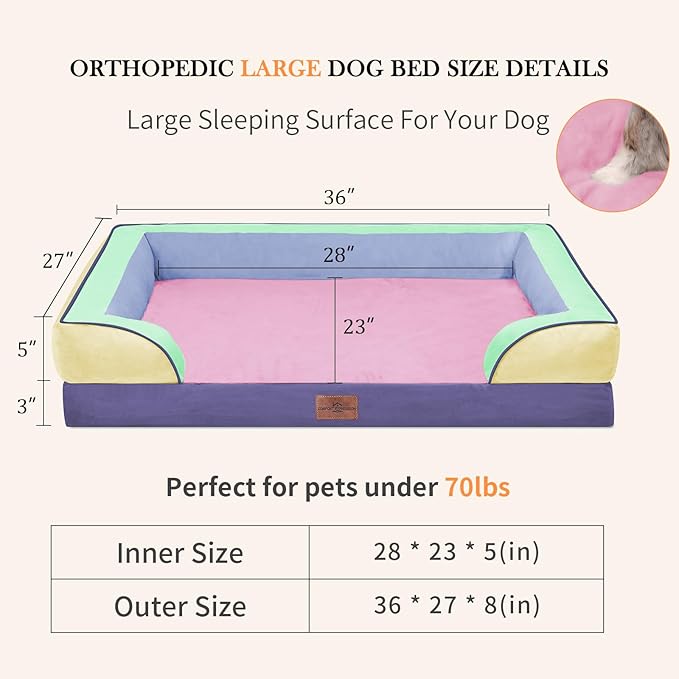 Comfort Expression Orthopedic Dog Bed for Large Dogs 36x27 Inch, Waterproof Egg Crate Foam Large Pet Bed with Removable Bolsters, Dog Couch with Washable Cover & Non-Slip Bottom, Frosted Grape