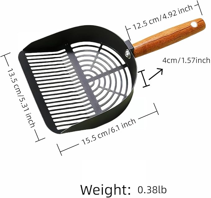 Chinshwehaw Premium Stainless Steel Cat Litter Scoop-Triple Guard Walls&Non-Stick Design,Silver,Flat Shovel Head Design Solid Deep Edge Wood Handle,Dual Hooks 1Pack,6.1x5.3inch (Black Long Strip)