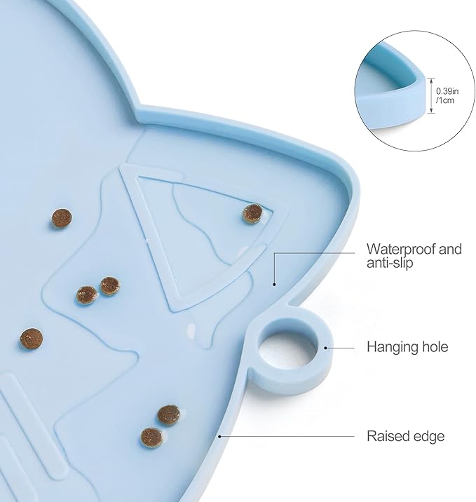 Coomazy Cat Food Mat - Thicker Dog Feeding Mat with Raised Edge, Non-Slip Silicone for Floor, Waterproof (Blue, Medium)
