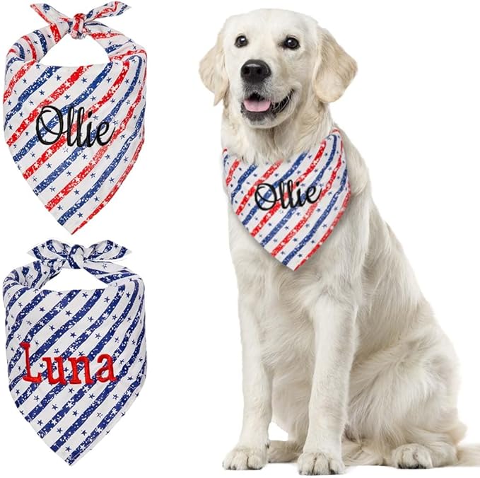 Personalized 4th of July Dog Bandana Embroidered Name Custom Neckwear Dog Scarf for Small Medium Large Dogs Cats Pets Birthday Gift