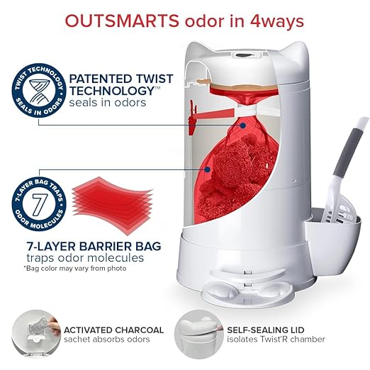 Red Rocket XL Cat Litter Trash Can Multi Kitty Twist’R Step Litter Disposal System Pack, 12x Refills Bags and 6X Charcoal Sachets, No Smell Litter Storage Container, Litter Disposal System