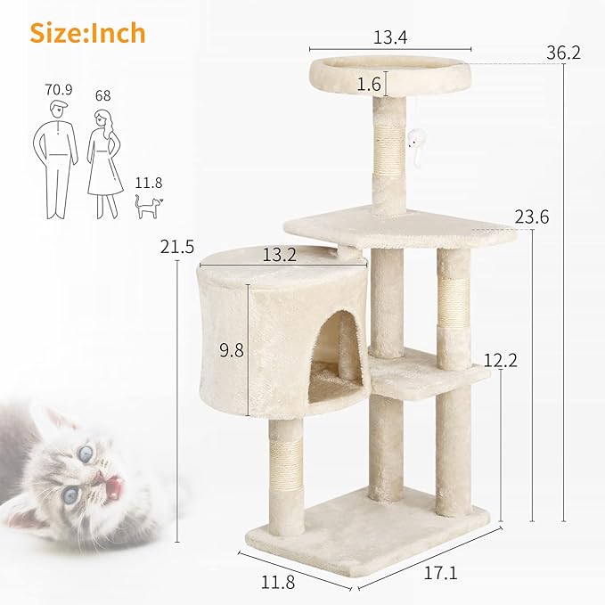 BestPet | 36" Cat Tree Tower | Beige | Sturdy Multi-Level Cat Tree with Plush Condo, Cozy Perch, Sisal Scratching Posts, Hanging Toy and Stable Frame | Easy Assembly | for Kittens & Adult Cats