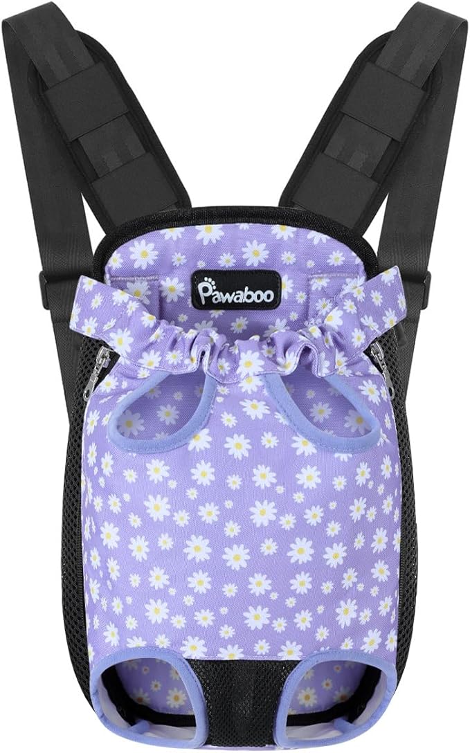 Pawaboo Pet Carrier Backpack, Adjustable Pet Front Cat Dog Carrier Backpack Purse Travel Bag, Legs Out, Easy-Fit for Traveling Hiking Camping for Small Medium Dogs, Small, Black & Purple Daisy