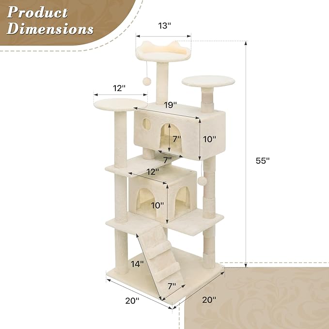 Athena Collection Multi-Level Cat Tree Center with 2 Cat Condo & Scratching Post & Dangling Ball, 54 Inch Tall Cat Tower, Beige