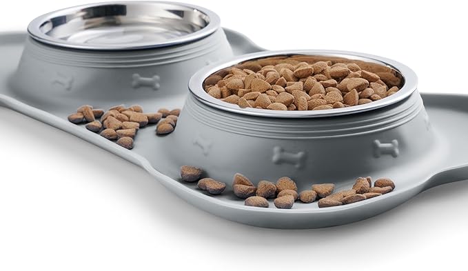 Hubulk Pet Dog Bowls 2 Stainless Steel Dog Bowl with No Spill Non-Skid Silicone Mat + Pet Food Scoop Water and Food Feeder Bowls for Feeding Small Medium Large Dogs Cats Puppies (Large, Gray)