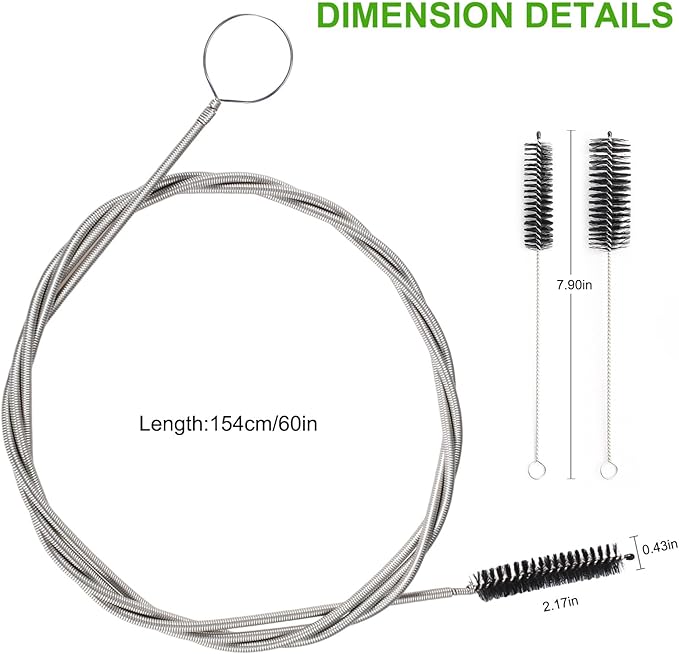 CiaraQ Bottle Cleaning Brushes, 8 Inch Nylon Tube Brush Set & A Flexible Long Drain Brush 60 inch, Cleaner for Narrow Neck Bottles Cups with Hook, Set of 11pcs, Black