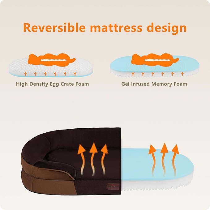 Dwanton Orthopedic Dog Bed for Medium Dogs with Gel Memory Foam, Waterproof Dog Sofa, Washable Pet Bed with Four Sided Bolster Cushion, Removable Cover & Non-Slip Bottom, 28", Brown