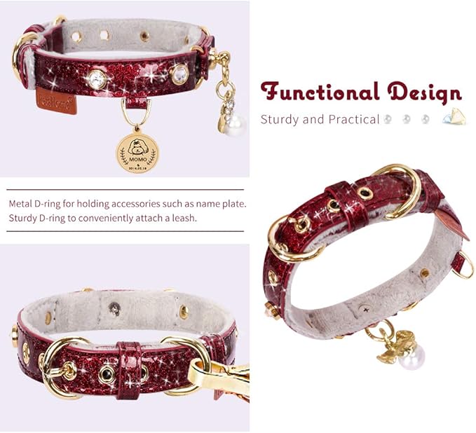PetsHome Cat Collar, Dog Collar, [Bling Rhinestones] PU Leather Adjustable Pet Collar with Luxury Pendant for Cat and Small Dog Extra Small Wine Red