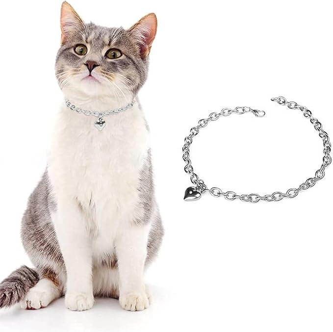 HOWWFALY Dog Collar and Cat Chain Necklace Stainless Steel Adjustable 18K Sliver Heart-Shaped Necklace for Small Pets Cats Kitten Puppy (Sliver, 10 inch)
