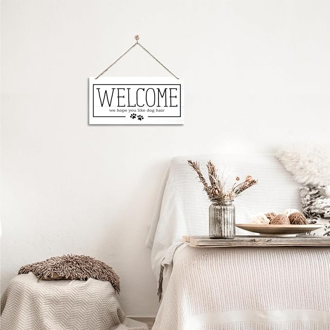 Welcome Sign for Front Door, Welcome Decor Wooden Hanging Sign for Dog Lover, We Hope You Like Dogs Hair, Rustic Funny Wooden Outdoor Front Door Hanging Decoration 13.8X6.9 inches