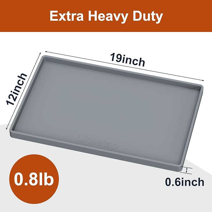 Extra Thick Silicone Mat Waterproof with Raised Edge 19” x 12”, BPA Free Non-Slip Dog & Cat Food Mat, Feeding Mat for Food and Water Bowls, Spill Proof Mat to Protect Floors, Gray