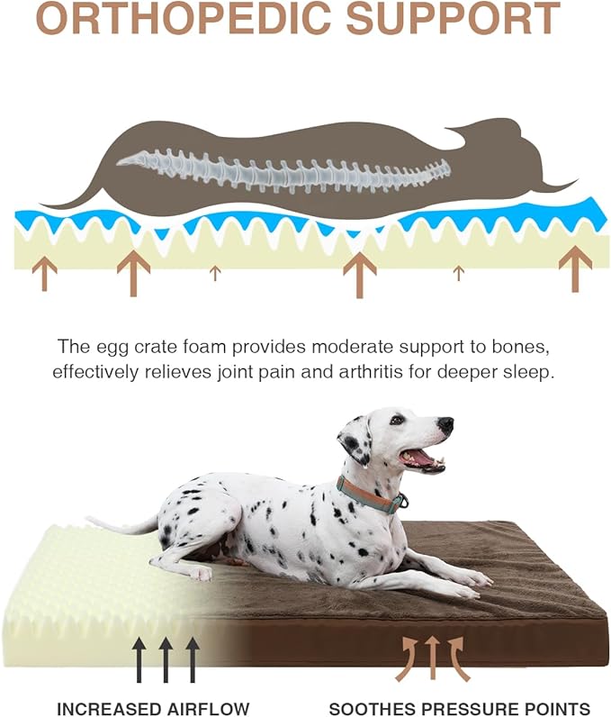 KSIIA Orthopedic Dog Bed Crate Waterproof Pet Mats for Large Dogs Deluxe Plush Washable Pet Bed with Egg Crate Foam & Removable Cover, 41 x 27 Inch, Brown