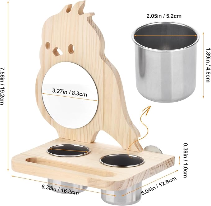 Feeder with Acrylic Mirror & Stainless Steel Bowls, Natural Wood Perch, Cage Accessories, Parakeet Cage Supplies, Tool-Free Adjustable Kit for Parakeet, Cockatiel & Lovebird