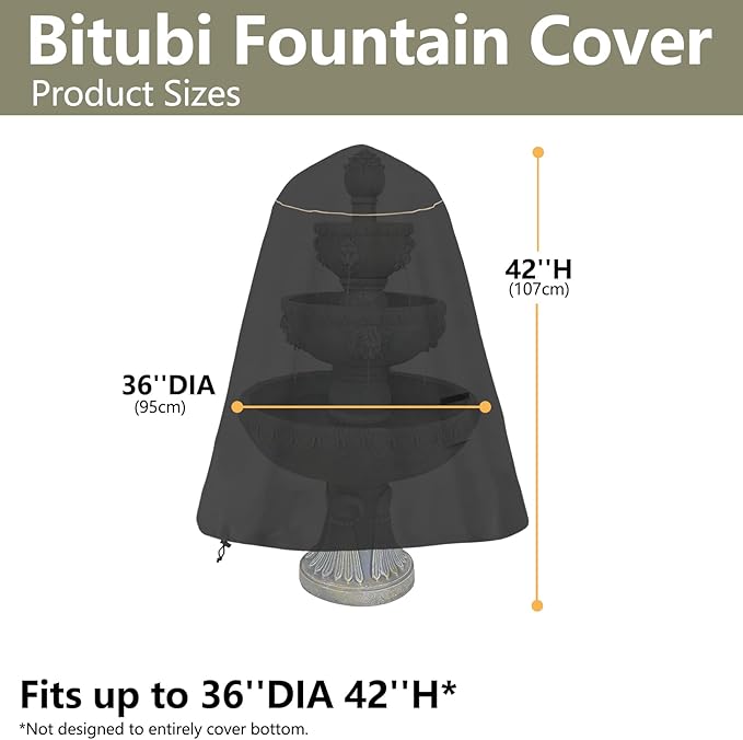 Bitubi Fountain Cover（36"x42"） 600D Oxford Cloth Garden Fountain Statue Protective Cover with Drawstring Waterproof Windproof Fountain Protector,Black