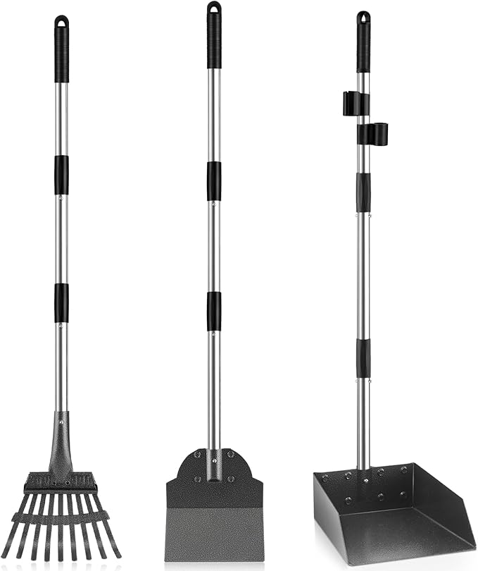 Pooper Scooper, Long Handle Dog Pooper Scooper, Heavy Duty Stainless Steel Rake, Tray & Spade Set for Pet Waste Removal, Use on Grass, Dirt or Gravel