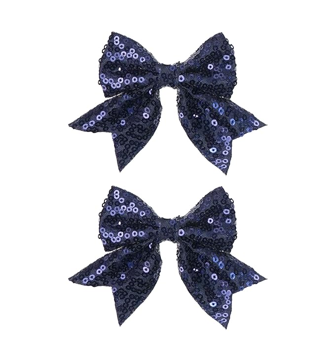 3-inch Sequined Bow Hair Clips For Baby Girls, Toddler, Kids and Young Women Birthday Party Wedding Christmas Occasions Pet Accessories Set of 2 (Navy)