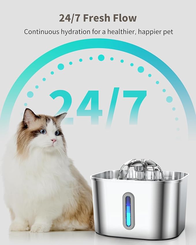 Cat Water Fountain Stainless Steel with 4 Filters & 4 Sponges, 74oz/2.2L Cat Fountain with Quiet Pump, Automatic Pet Water Dispenser, Ideal for Multi-pet Homes, Fresh & Clean Water for Cats and Dogs