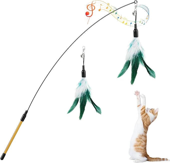 Pawaboo Feather Teaser Cat Toy, Interactive Feather Wand Cat Toy Flying Feather Cat Catcher with Extra Long 34.5" Wand and Small Bell, Fun Exerciser Playing Toy for Kitten or cat, White & Green